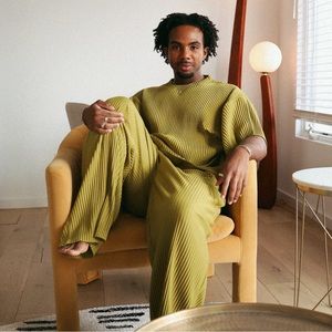 a SET of relaxed, light, gender neutral design loungewear for everyday in or out